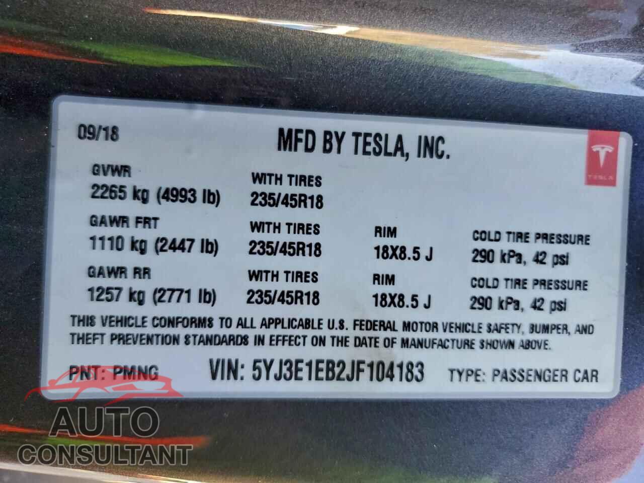 TESLA MODEL 3 2018 - 5YJ3E1EB2JF104183