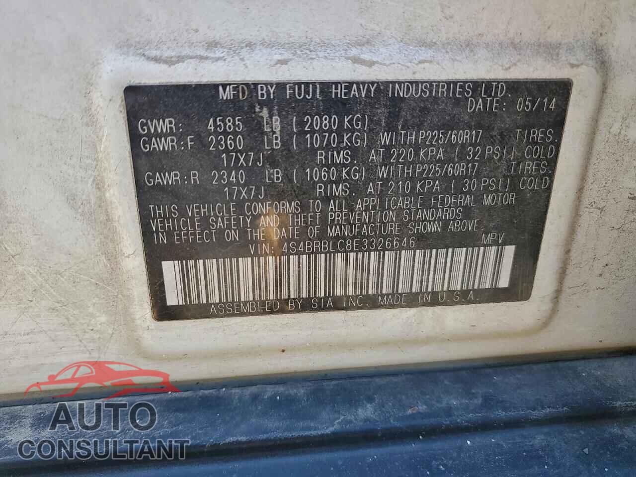 SUBARU OUTBACK 2014 - 4S4BRBLC8E3326646