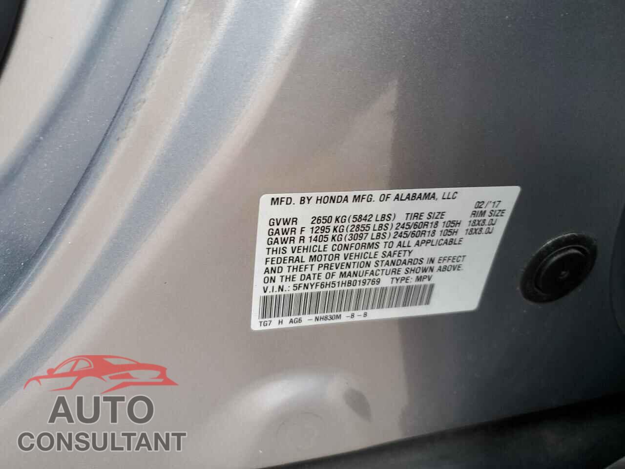 HONDA PILOT 2017 - 5FNYF6H51HB019769