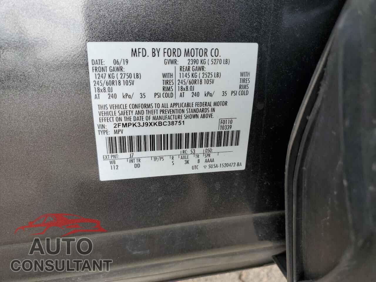 FORD EDGE 2019 - 2FMPK3J9XKBC38751