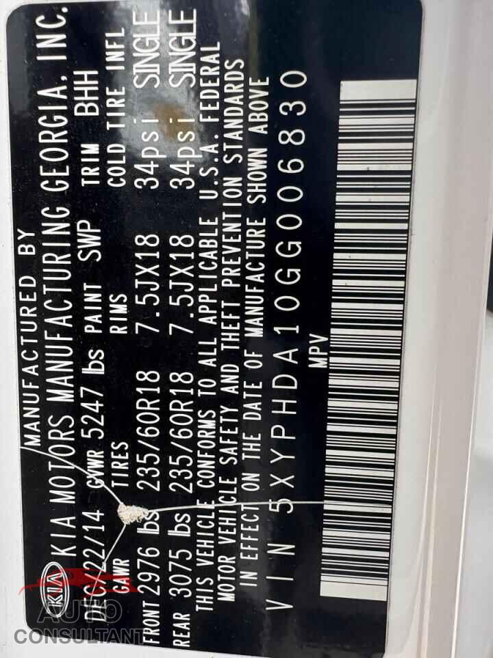 KIA SORENTO 2016 - 5XYPHDA10GG006830