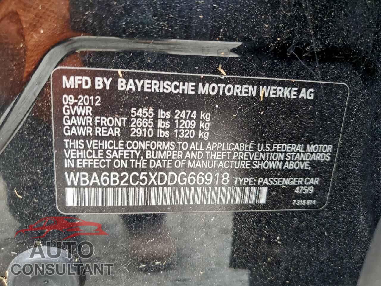 BMW 6 SERIES 2013 - WBA6B2C5XDDG66918