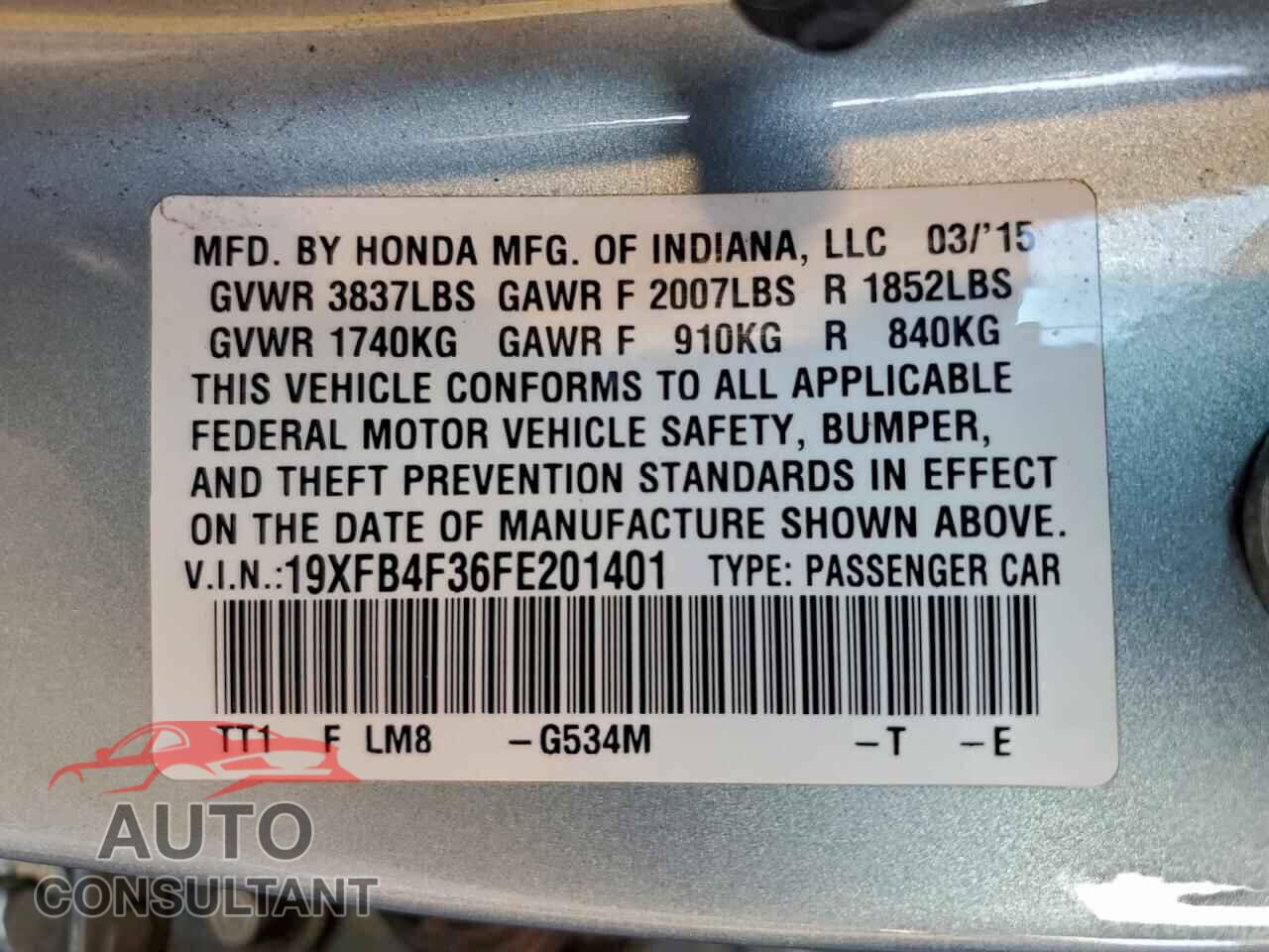 HONDA CIVIC 2015 - 19XFB4F36FE201401