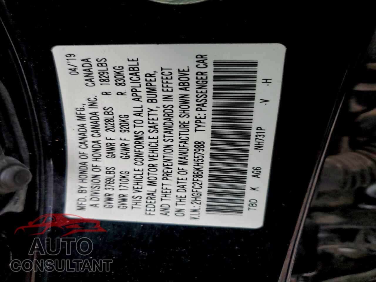 HONDA CIVIC 2019 - 2HGFC2F86KH557988
