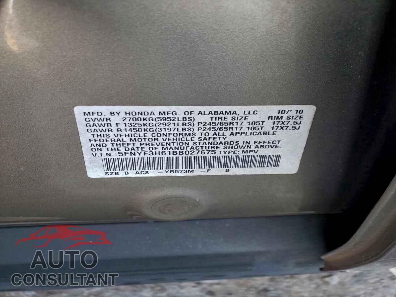 HONDA PILOT 2011 - 5FNYF3H61BB027675