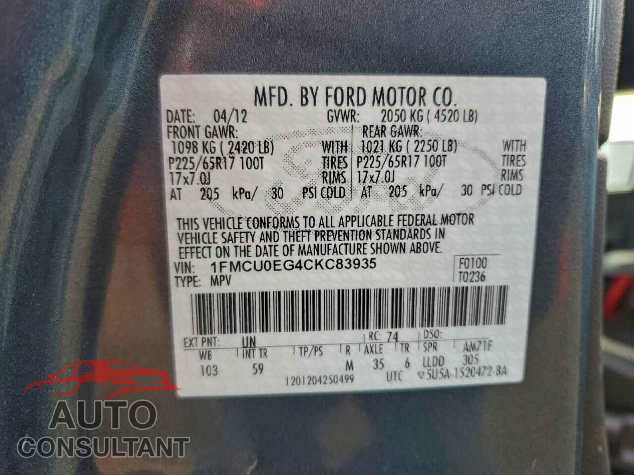 FORD ESCAPE 2012 - 1FMCU0EG4CKC83935
