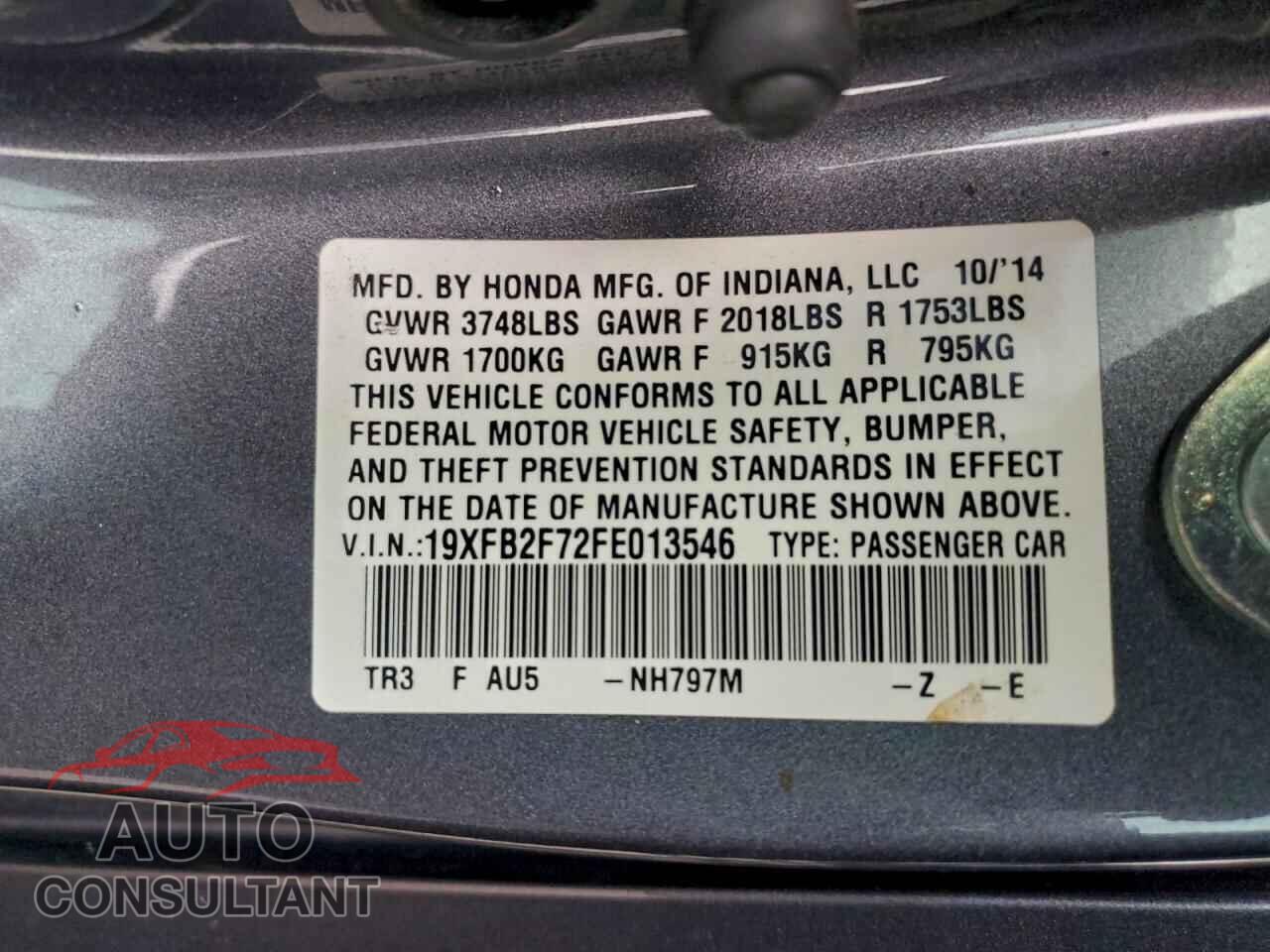 HONDA CIVIC 2015 - 19XFB2F72FE013546