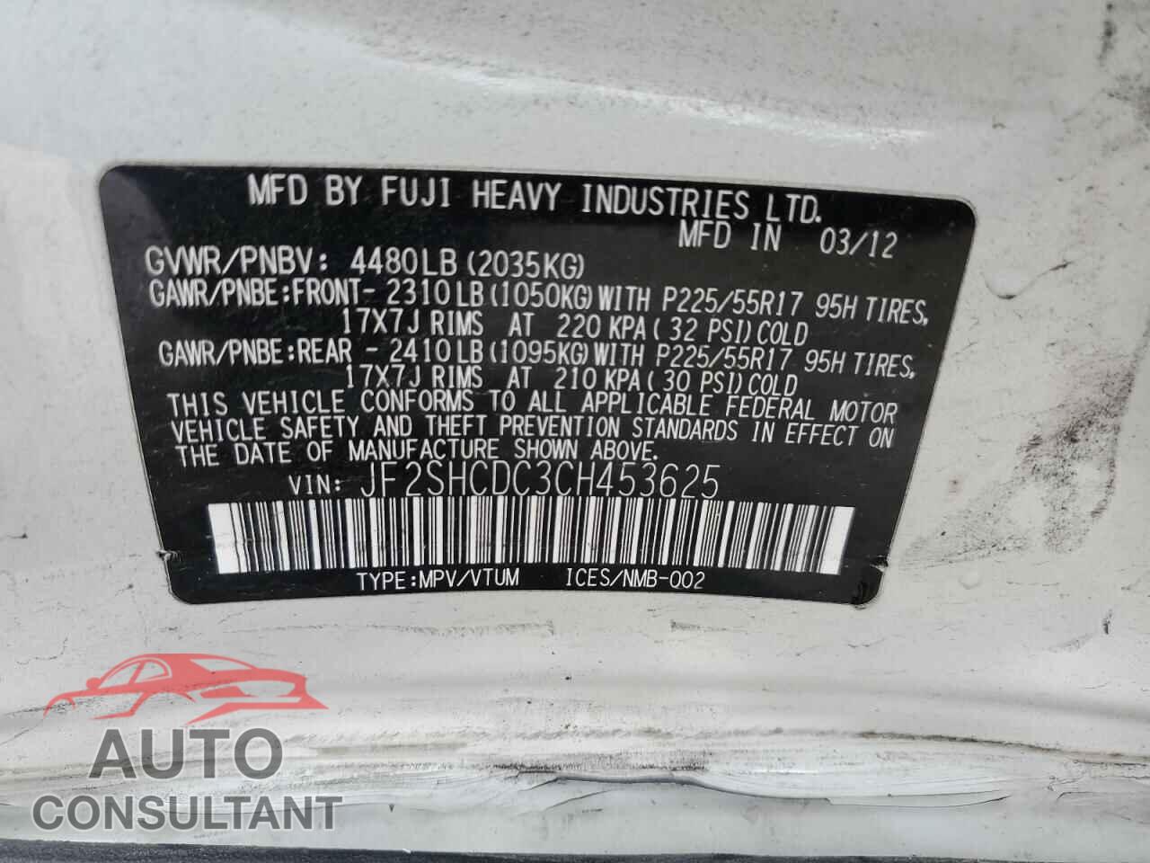SUBARU FORESTER 2012 - JF2SHCDC3CH453625