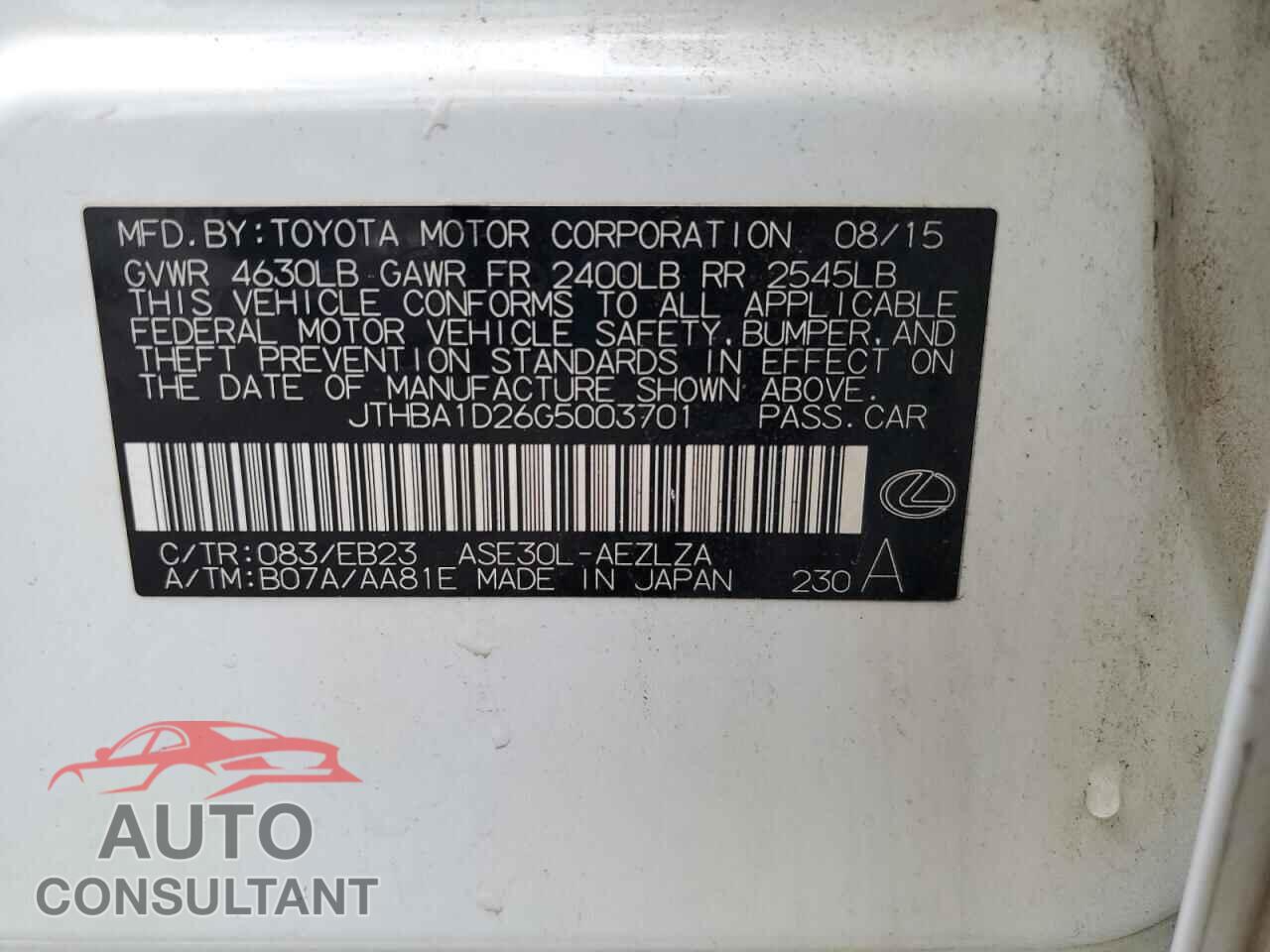 LEXUS IS 2016 - JTHBA1D26G5003701