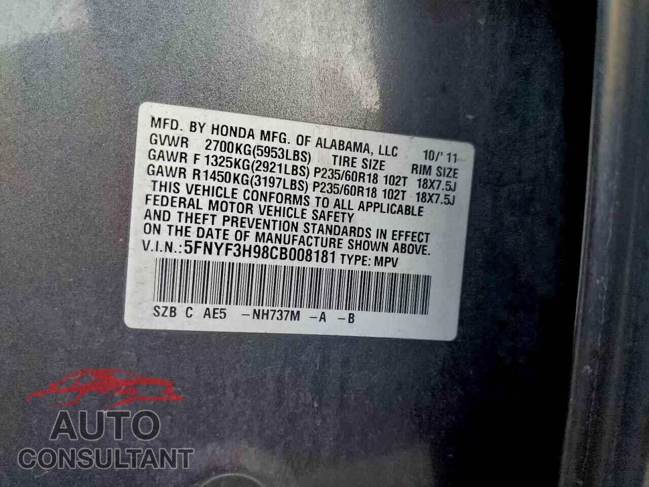 HONDA PILOT 2012 - 5FNYF3H98CB008181