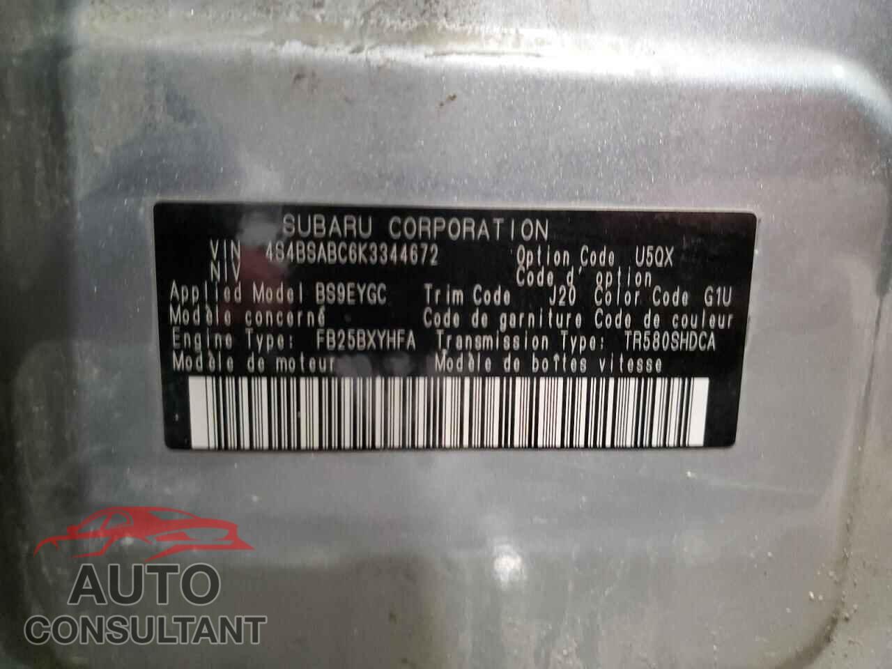 SUBARU OUTBACK 2019 - 4S4BSABC6K3344672