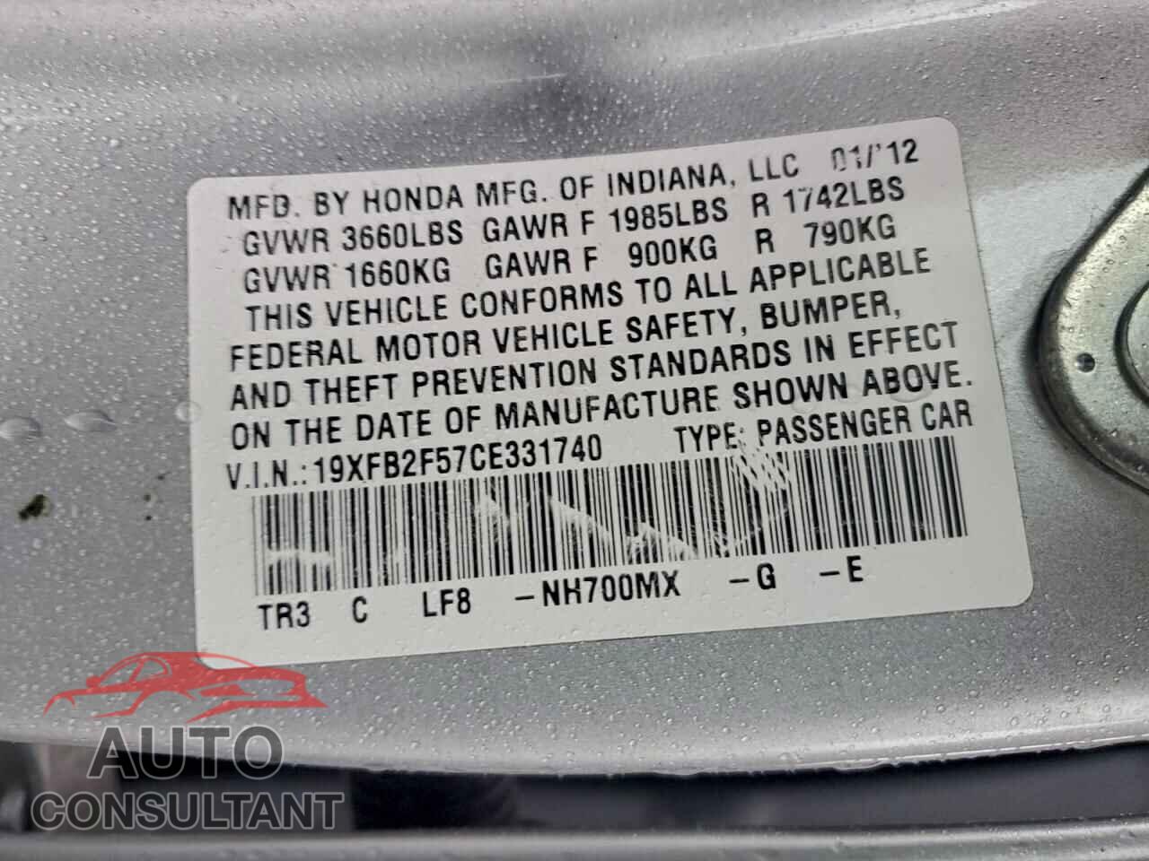HONDA CIVIC 2012 - 19XFB2F57CE331740