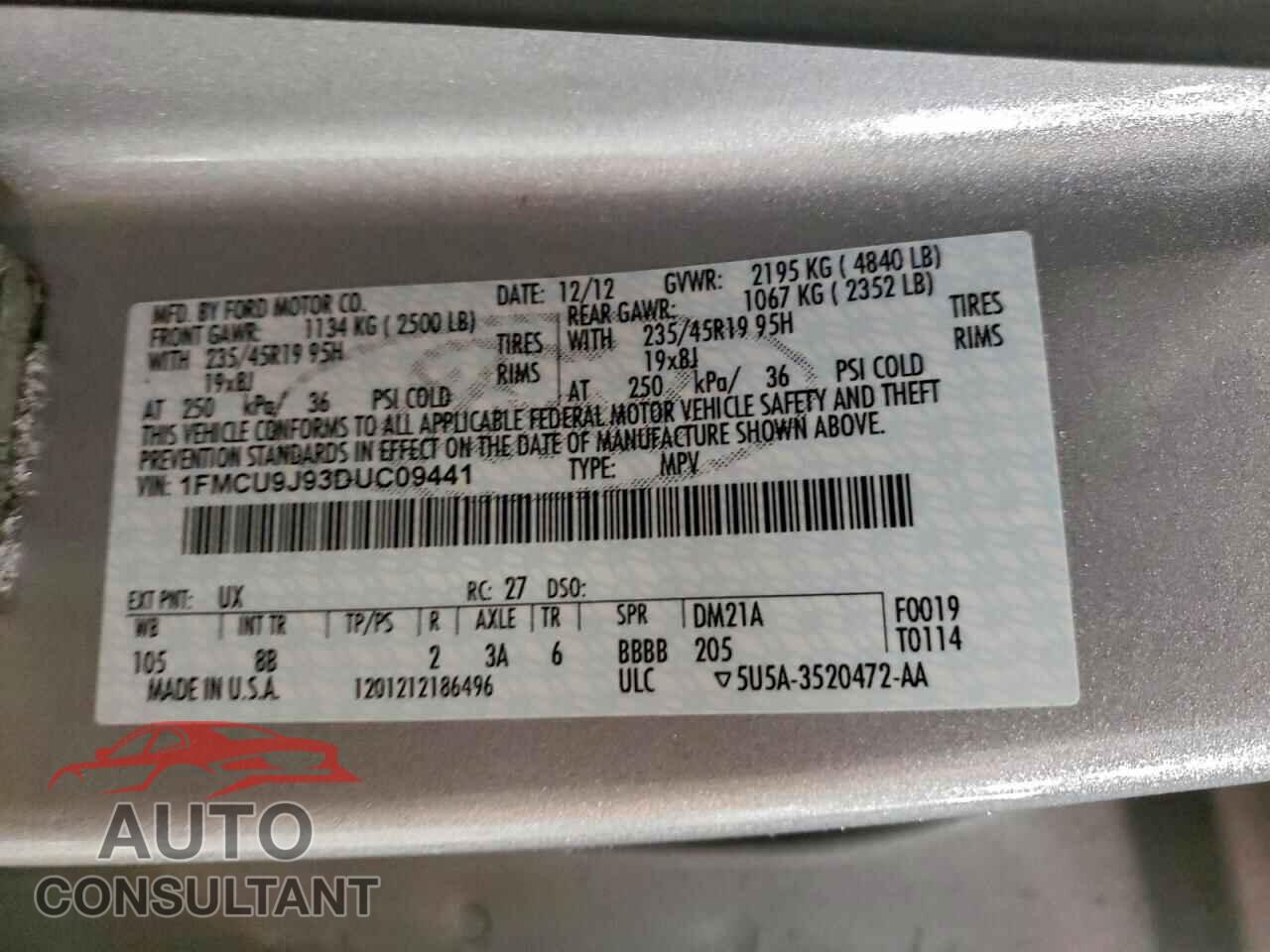 FORD ESCAPE 2013 - 1FMCU9J93DUC09441