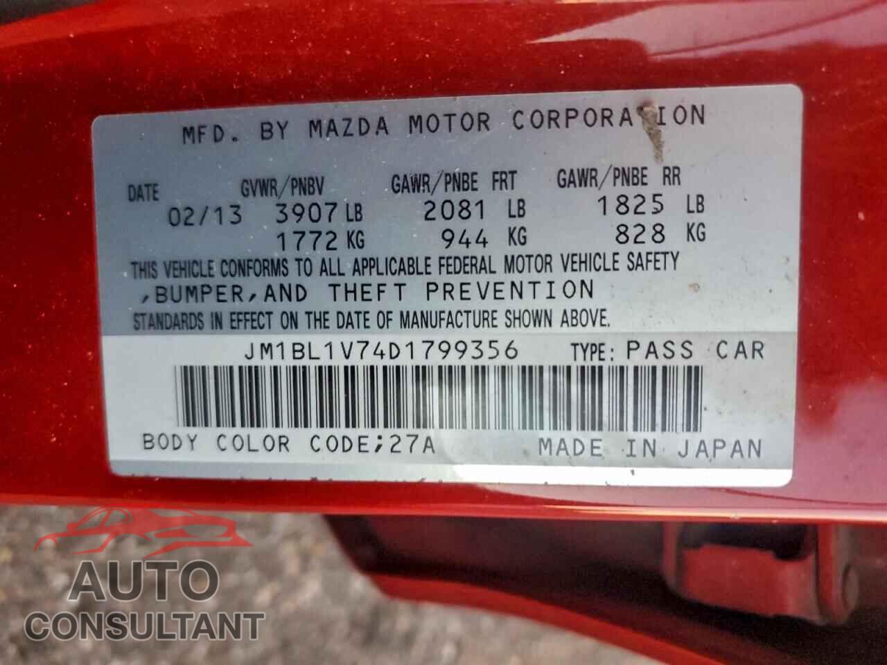 MAZDA 3 2013 - JM1BL1V74D1799356