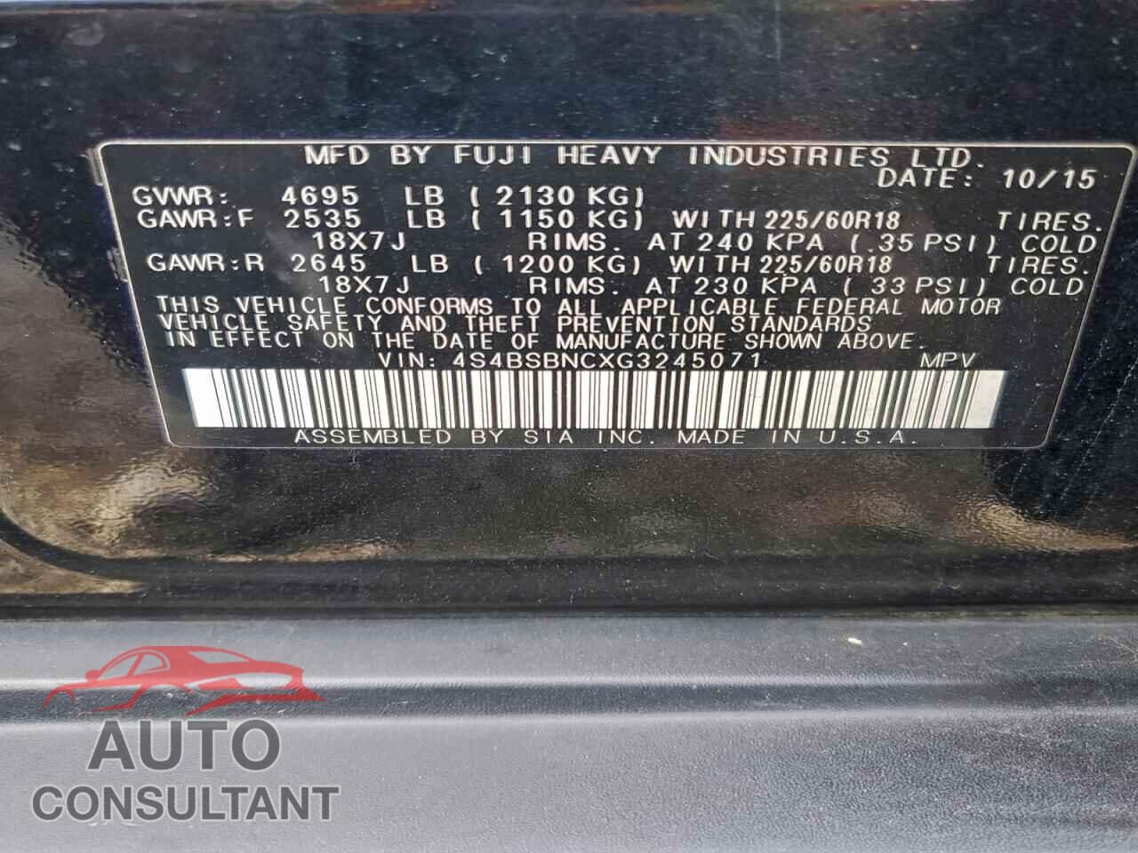 SUBARU OUTBACK 2016 - 4S4BSBNCXG3245071