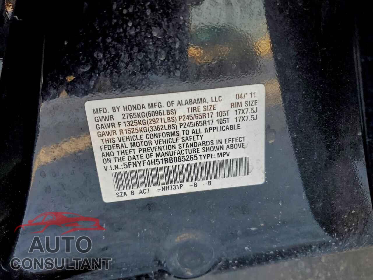 HONDA PILOT 2011 - 5FNYF4H51BB085265