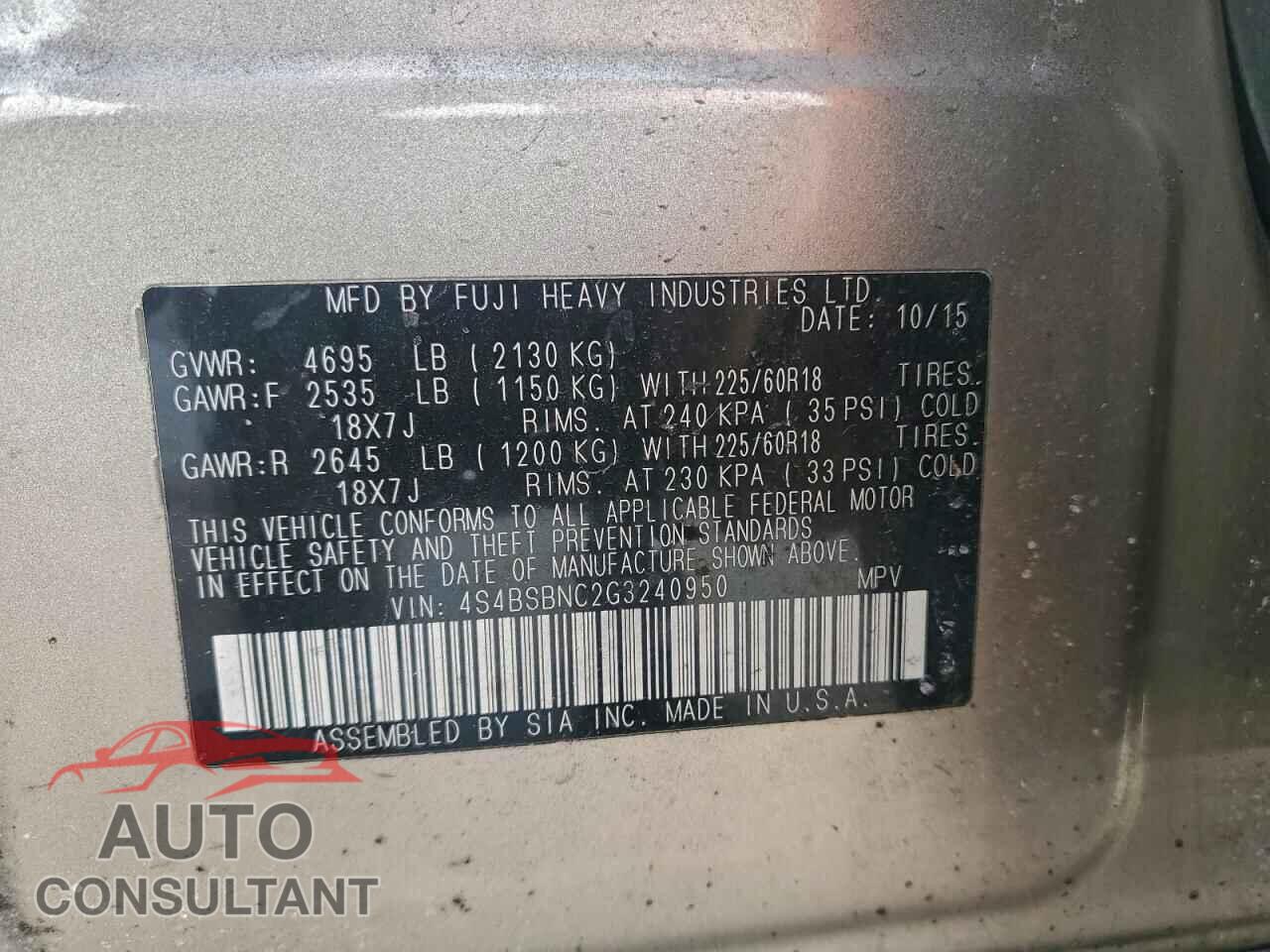 SUBARU OUTBACK 2016 - 4S4BSBNC2G3240950