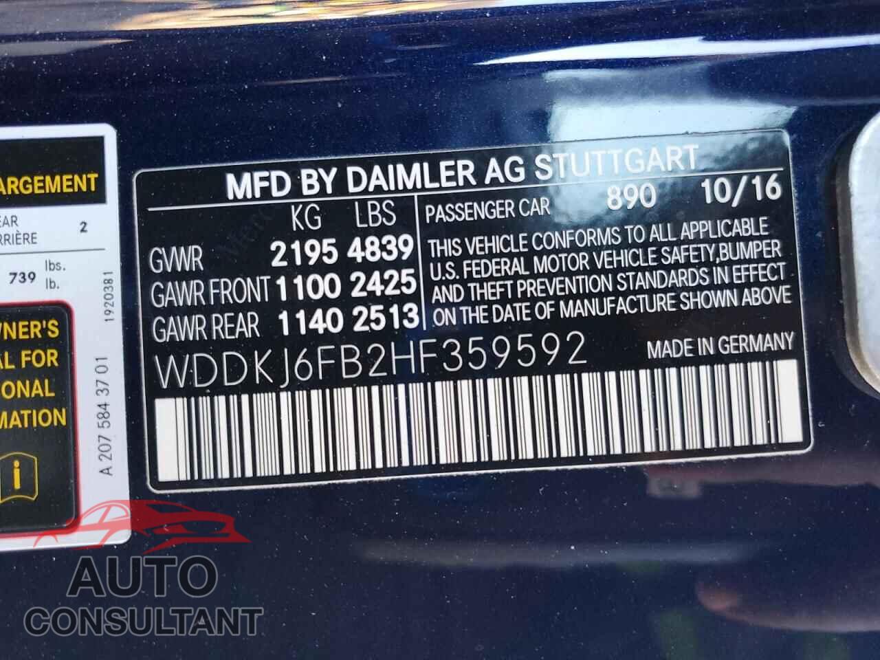MERCEDES-BENZ E-CLASS 2017 - WDDKJ6FB2HF359592