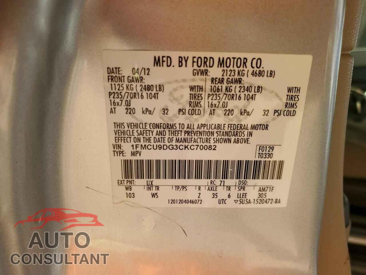 FORD ESCAPE 2012 - 1FMCU9DG3CKC70082
