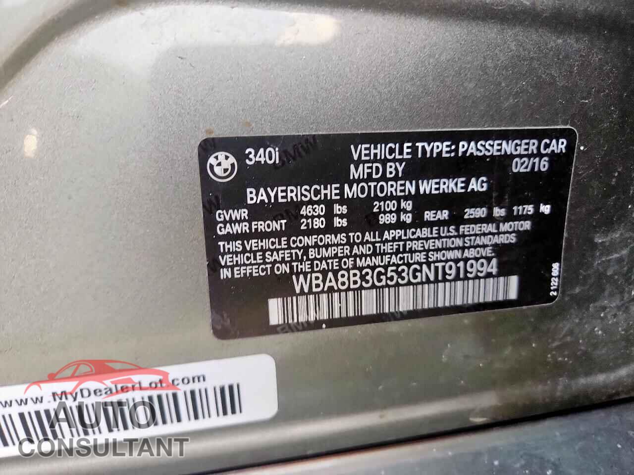 BMW 3 SERIES 2016 - WBA8B3G53GNT91994