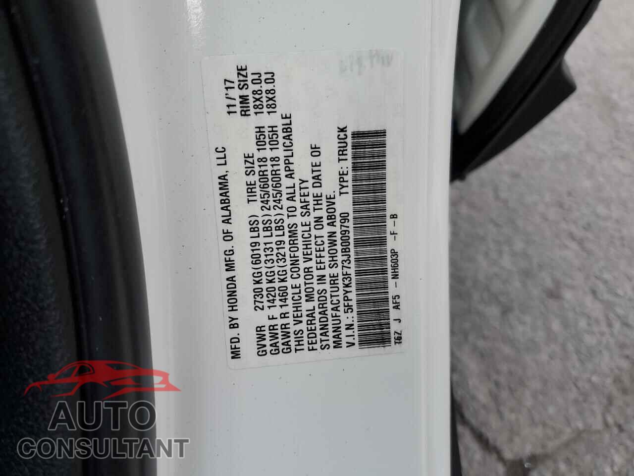 HONDA RIDGELINE 2018 - 5FPYK3F73JB009790