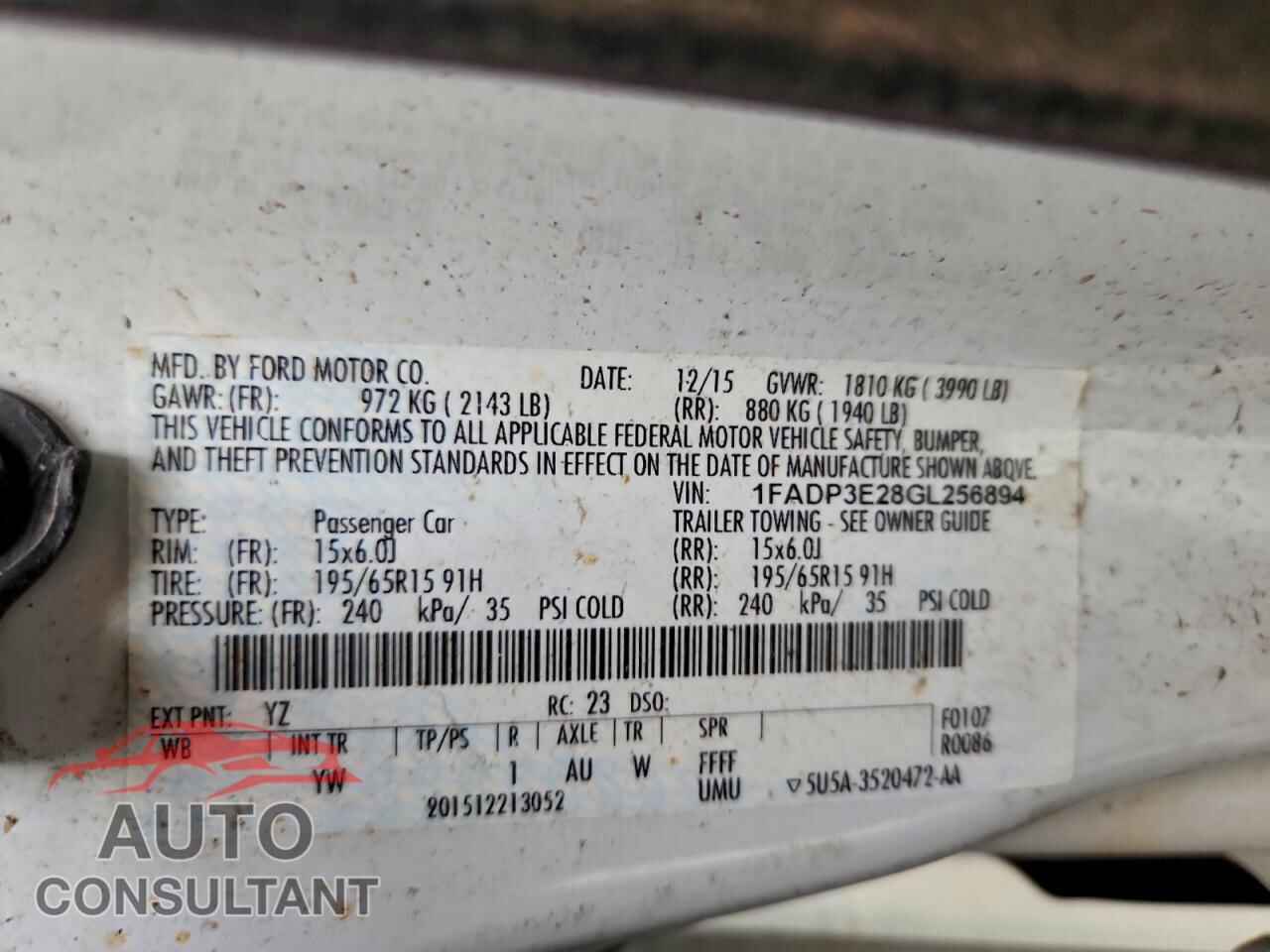 FORD FOCUS 2016 - 1FADP3E28GL256894