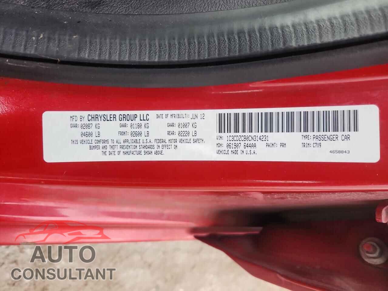DODGE AVENGER 2012 - 1C3CDZCB0CN314231