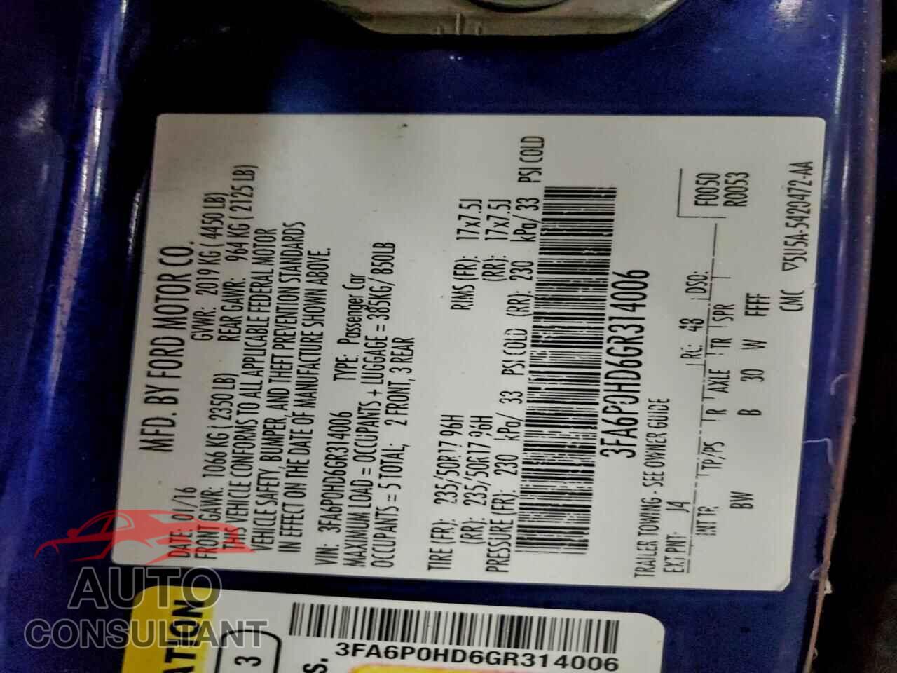 FORD FUSION 2016 - 3FA6P0HD6GR314006
