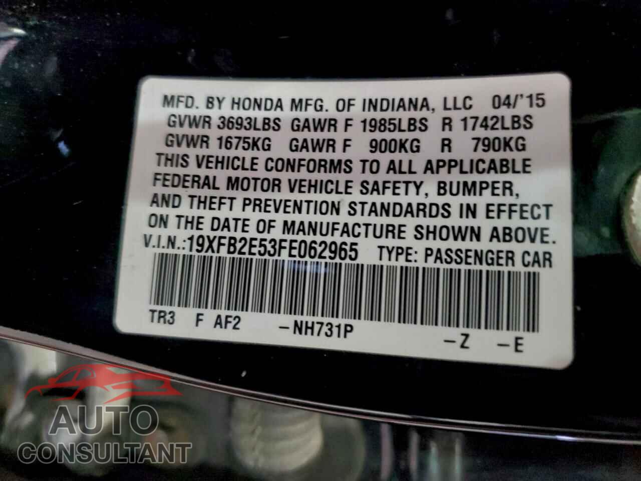 HONDA CIVIC 2015 - 19XFB2E53FE062965