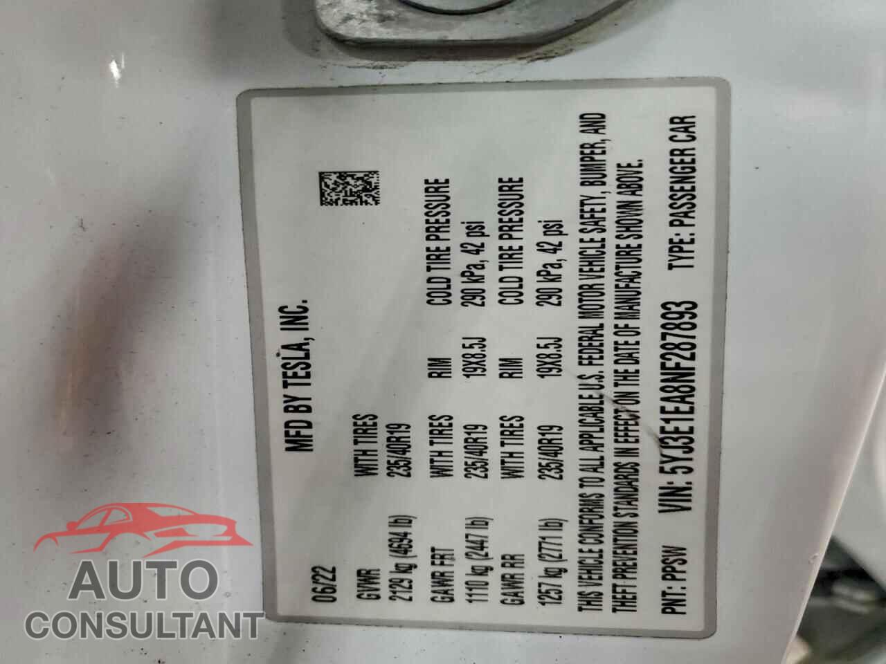 TESLA MODEL 3 2022 - 5YJ3E1EA8NF287893
