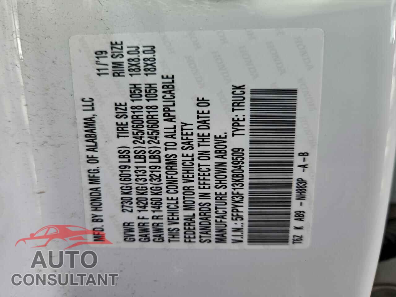 HONDA RIDGELINE 2019 - 5FPYK3F13KB049509