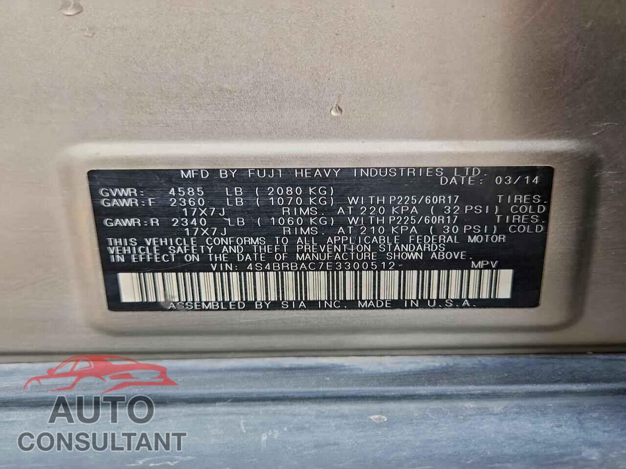 SUBARU OUTBACK 2014 - 4S4BRBAC7E3300512
