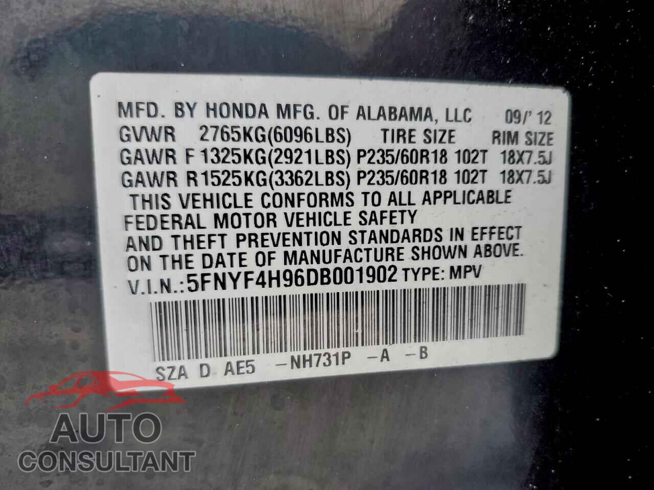 HONDA PILOT 2013 - 5FNYF4H96DB001902