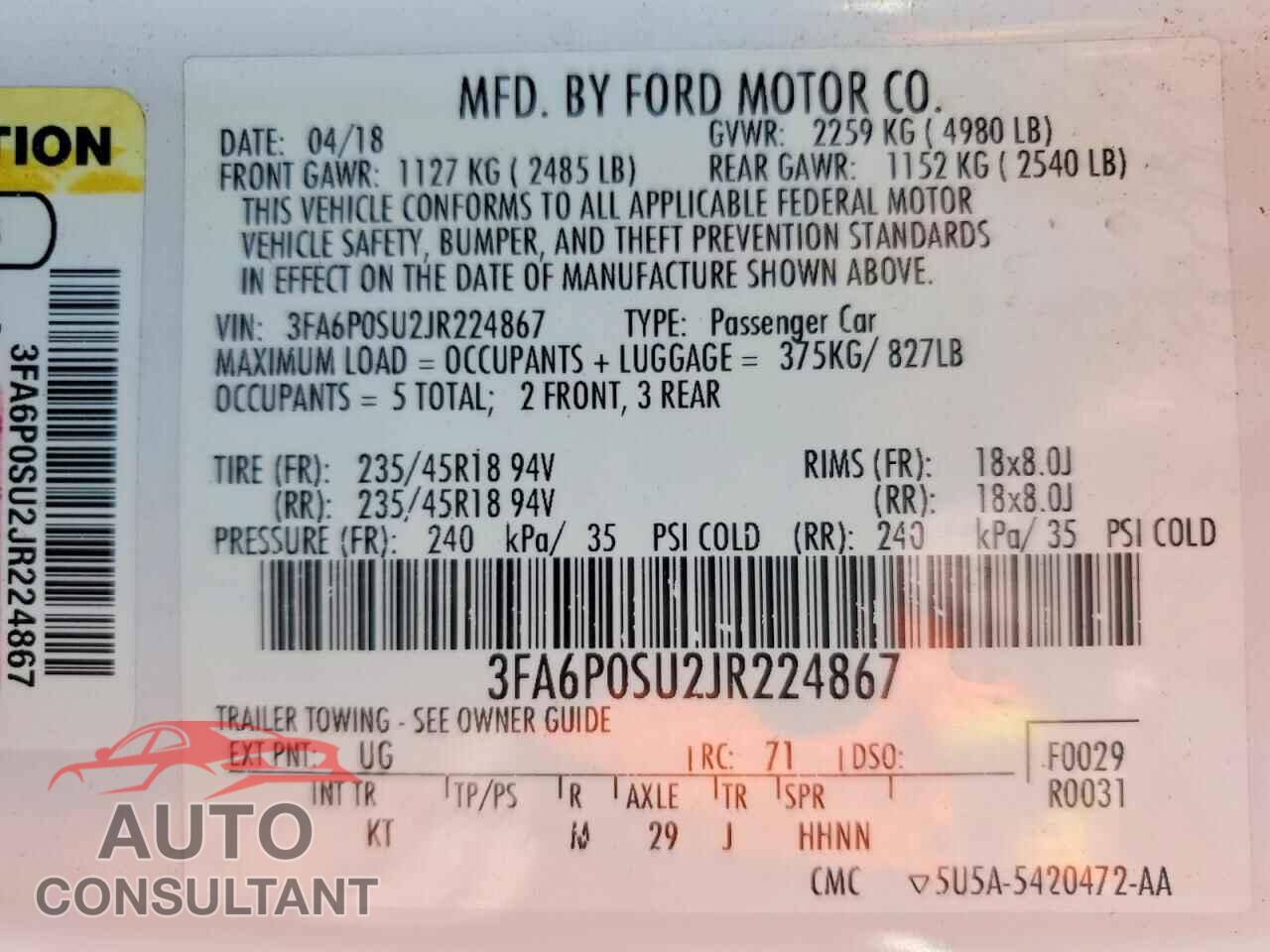 FORD FUSION 2018 - 3FA6P0SU2JR224867