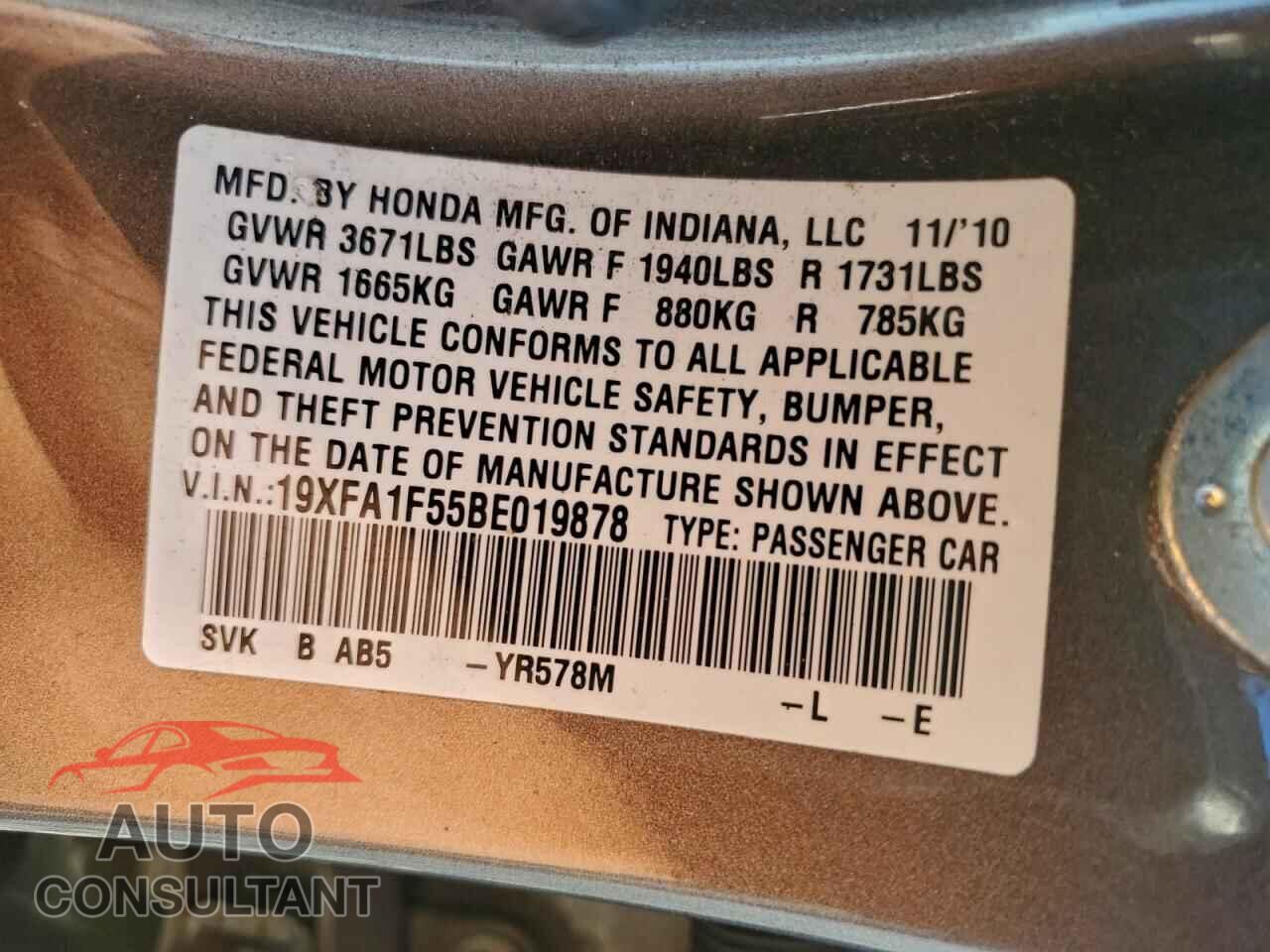 HONDA CIVIC 2011 - 19XFA1F55BE019878
