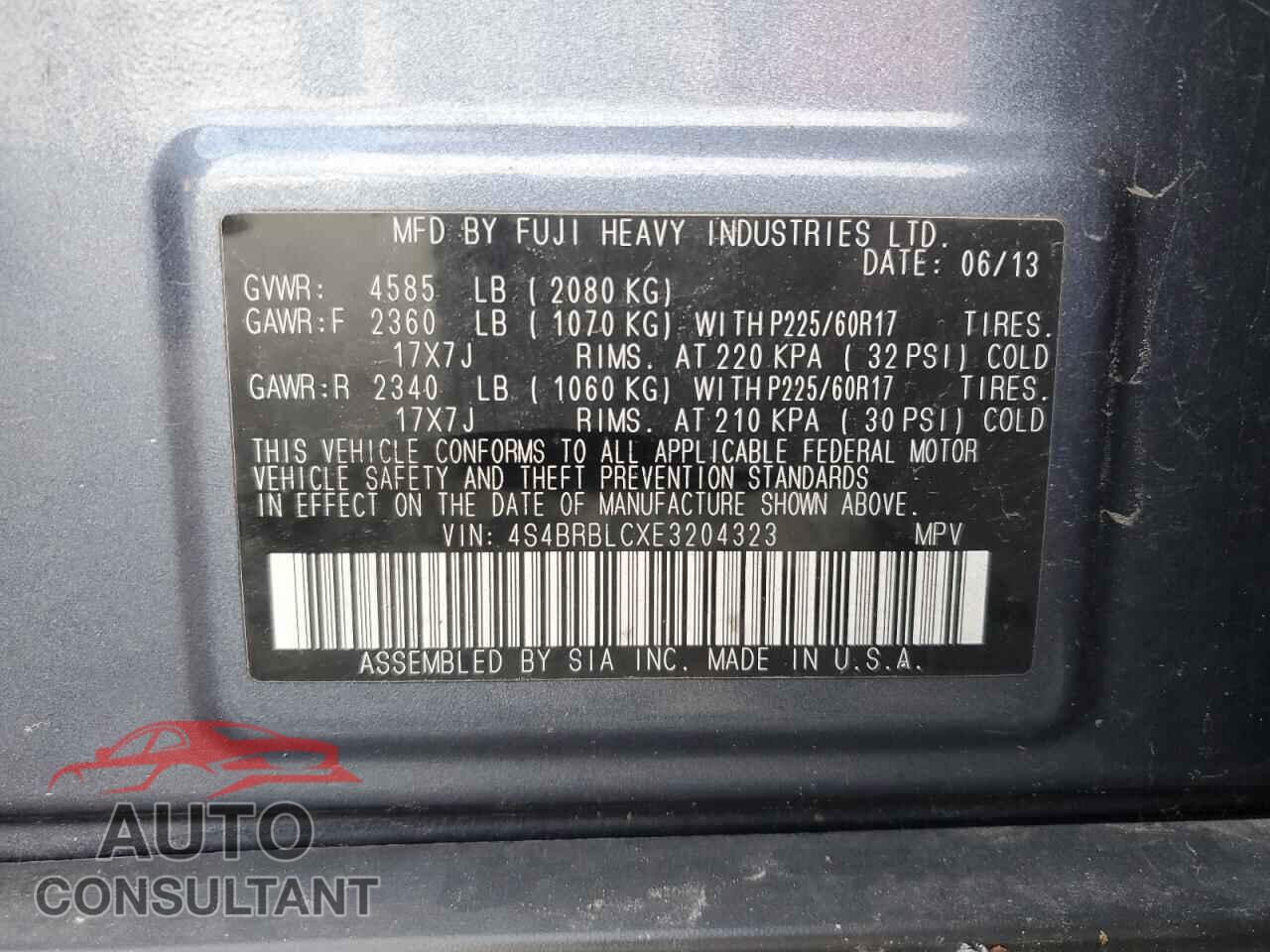 SUBARU OUTBACK 2014 - 4S4BRBLCXE3204323