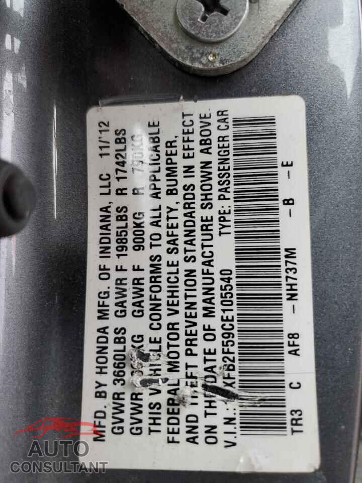 HONDA CIVIC 2012 - 19XFB2F59CE105540