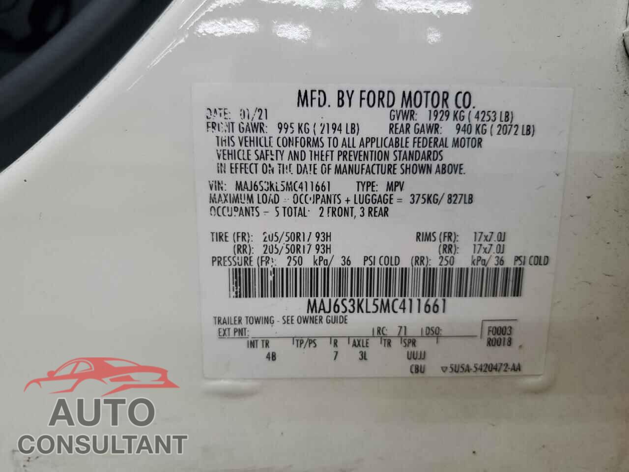 FORD ECOSPORT 2021 - MAJ6S3KL5MC411661