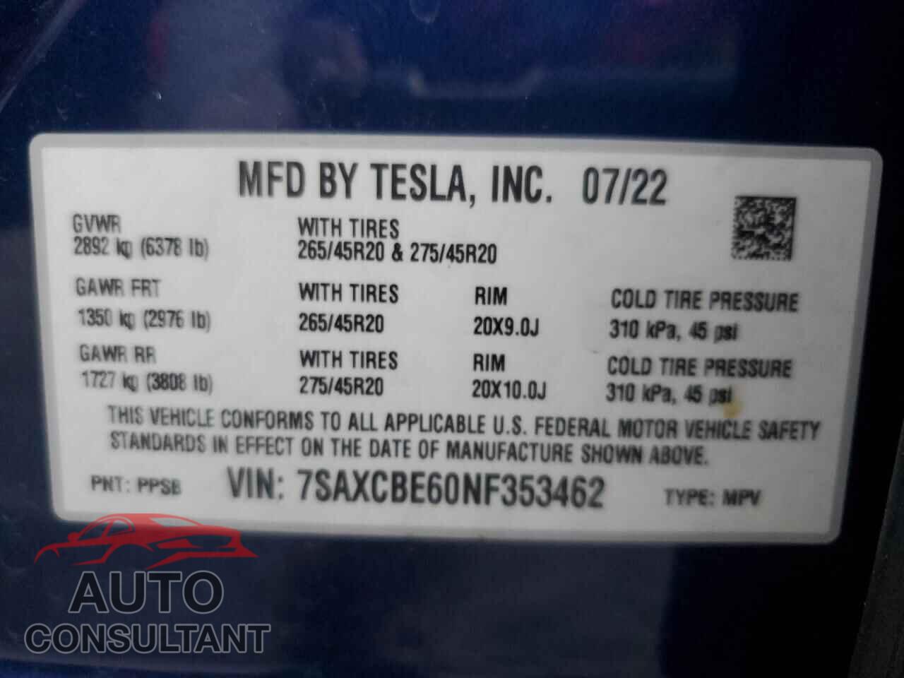 TESLA MODEL X 2022 - 7SAXCBE60NF353462