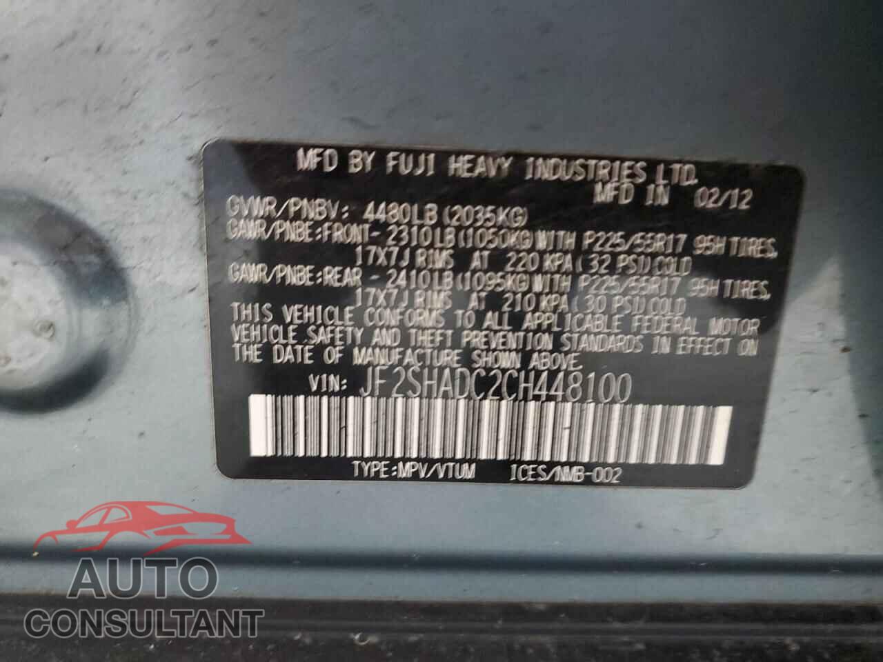 SUBARU FORESTER 2012 - JF2SHADC2CH448100