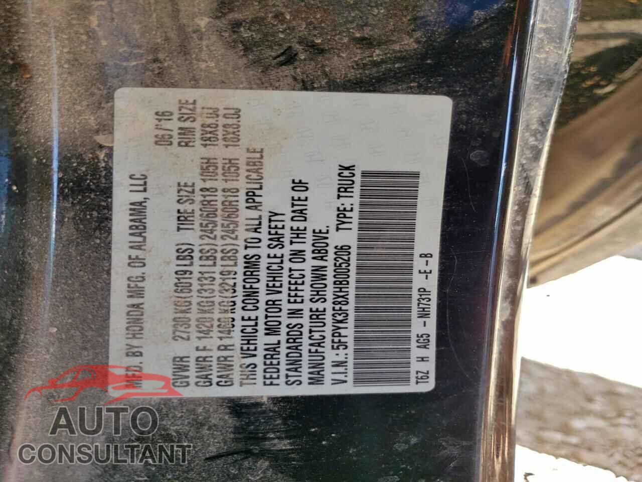 HONDA RIDGELINE 2017 - 5FPYK3F8XHB005206
