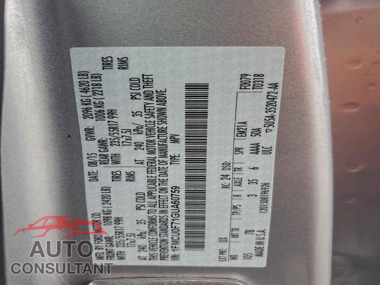 FORD ESCAPE 2016 - 1FMCU0F71GUA60759