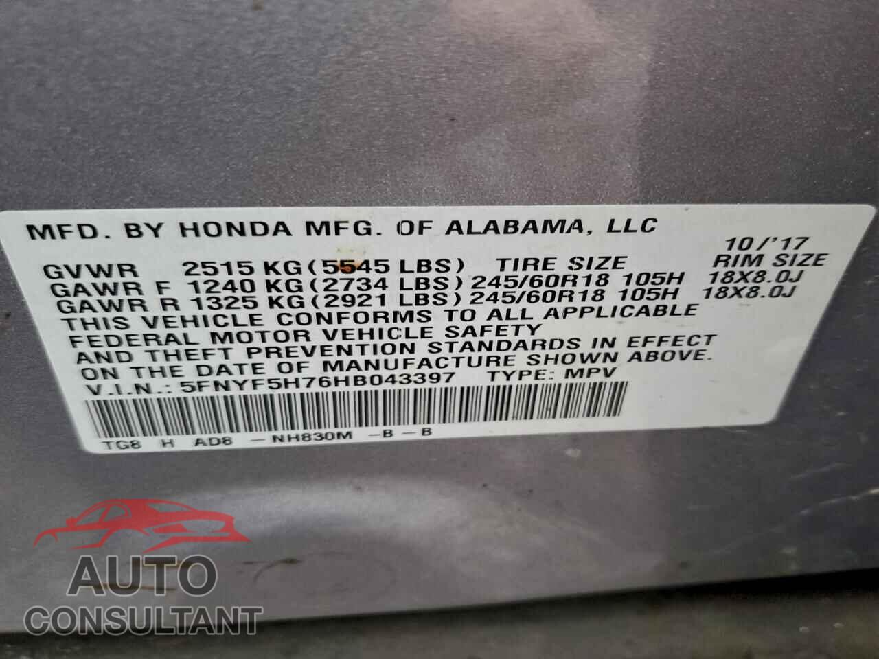 HONDA PILOT 2017 - 5FNYF5H76HB043397