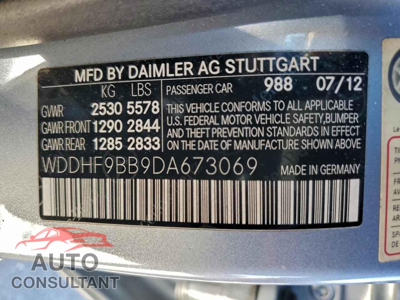 MERCEDES-BENZ E-CLASS 2013 - WDDHF9BB9DA673069