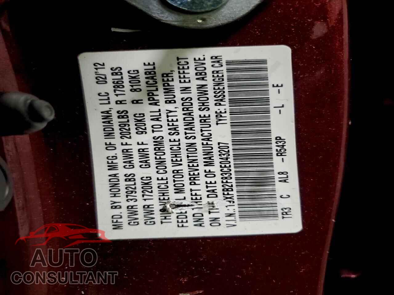 HONDA CIVIC 2012 - 19XFB2F83CE043207