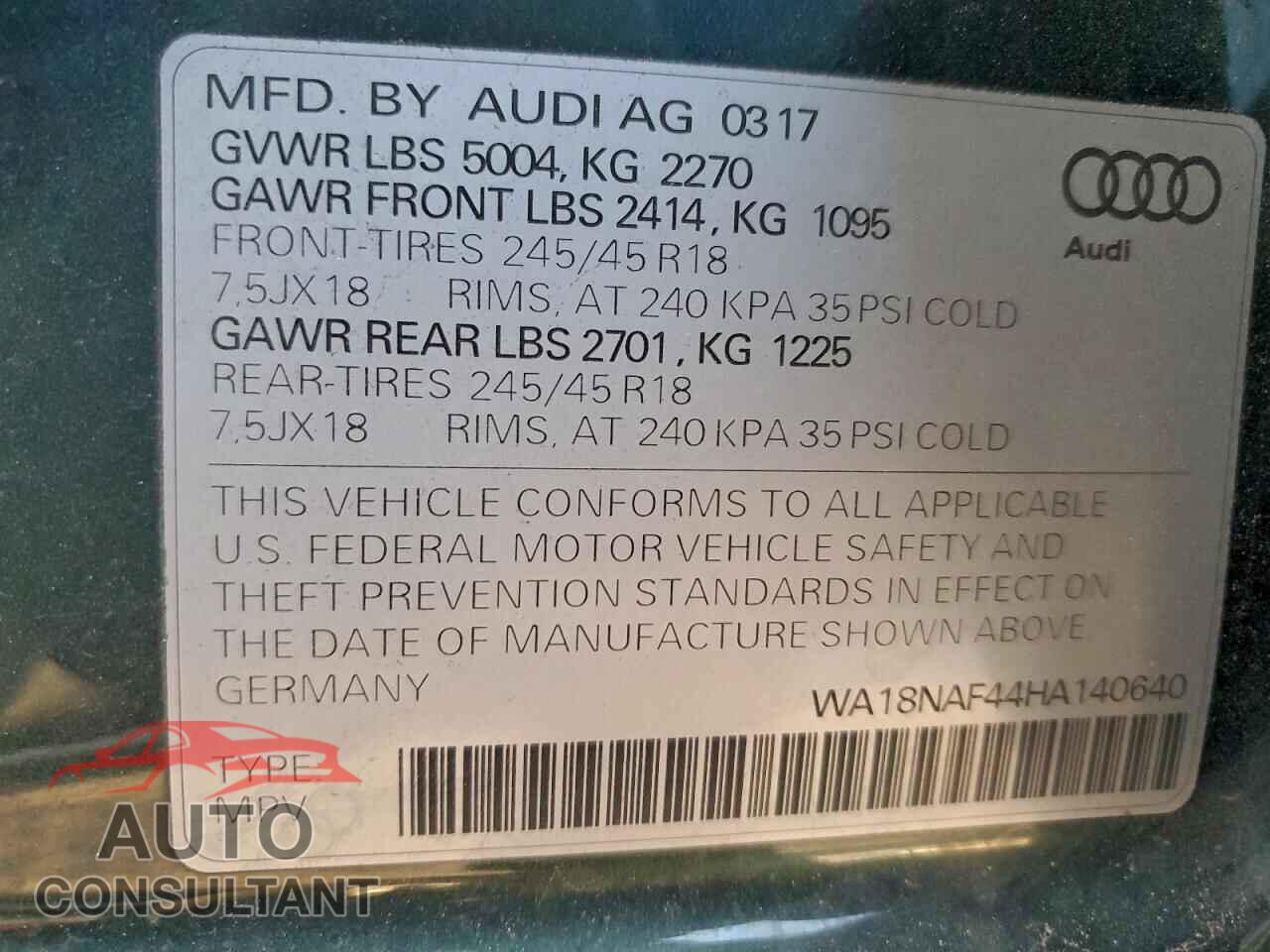 AUDI A4 2017 - WA18NAF44HA140640