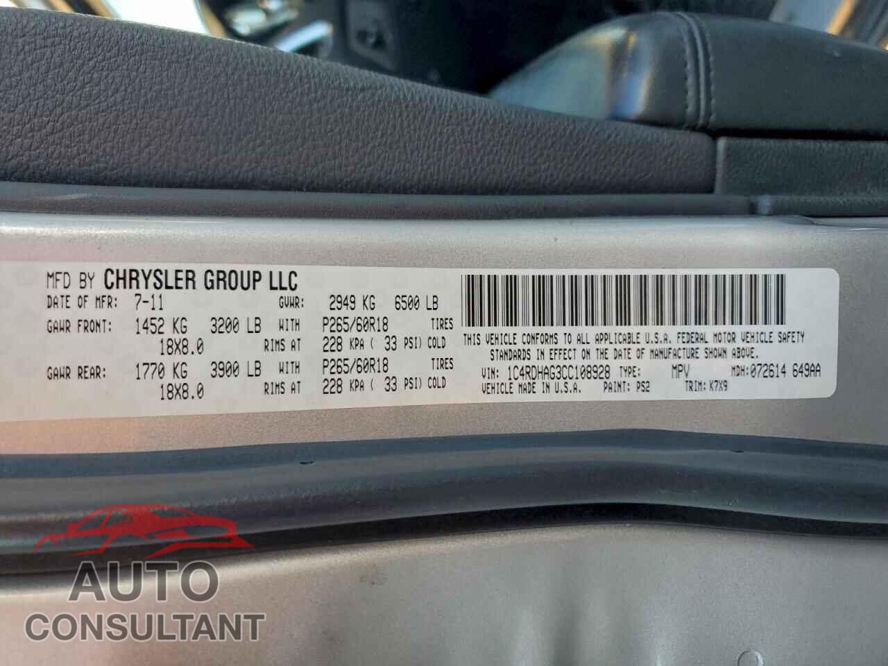 DODGE DURANGO 2012 - 1C4RDHAG3CC108928