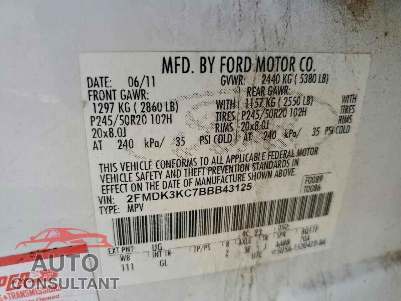 FORD EDGE 2011 - 2FMDK3KC7BBB43125