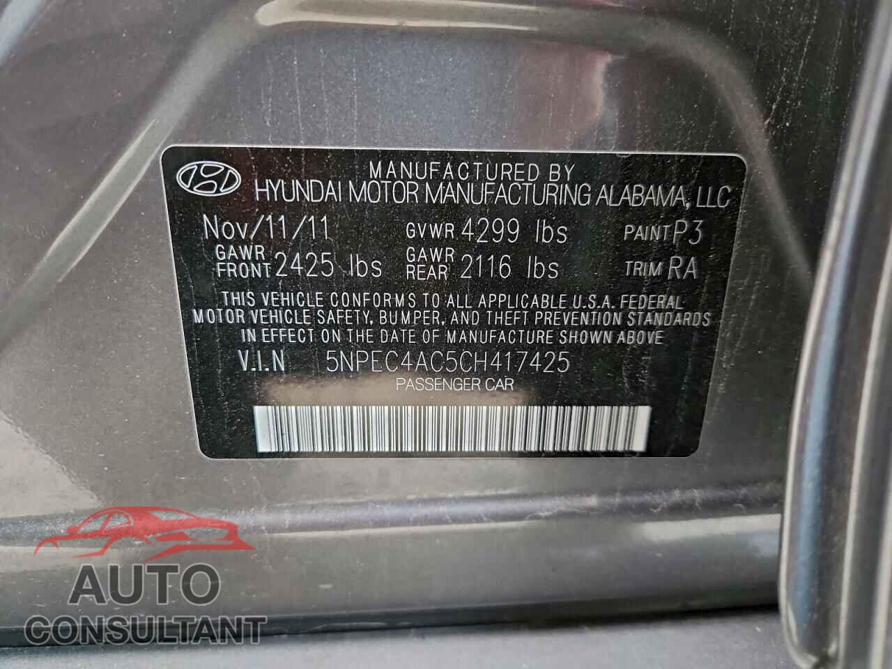 HYUNDAI SONATA 2012 - 5NPEC4AC5CH417425