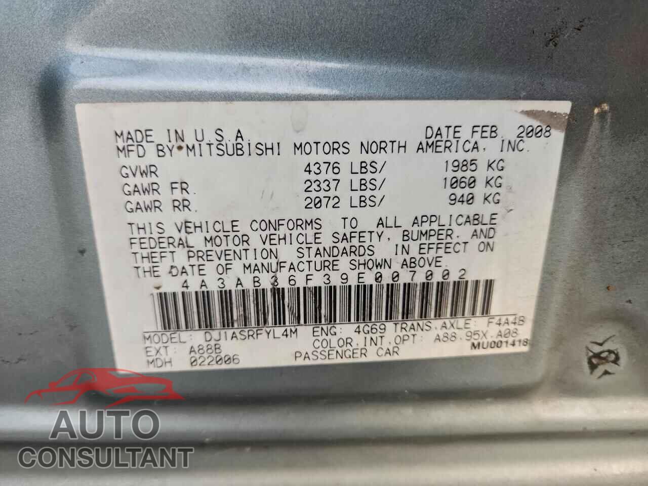 MITSUBISHI GALANT 2009 - 4A3AB36F39E007002